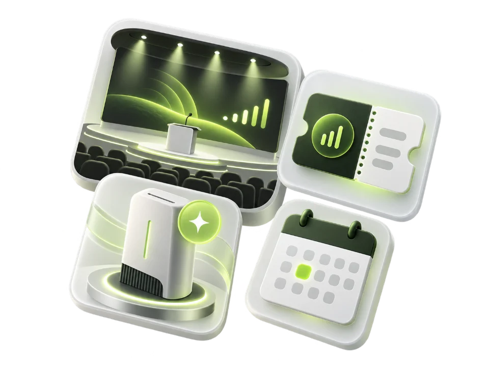 Floating 3D tiles: a keynote stage with spotlights, an event ticket, a product launch device and a calendar