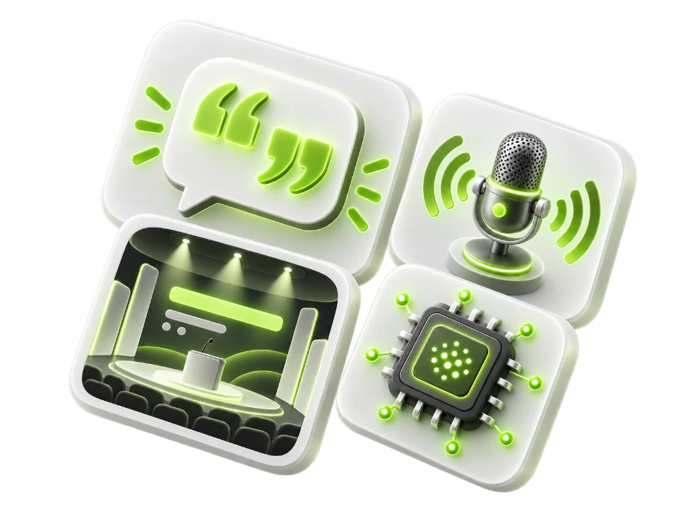 Floating 3D tiles: a speech bubble with quote marks, a studio microphone, a keynote stage and an AI chip
