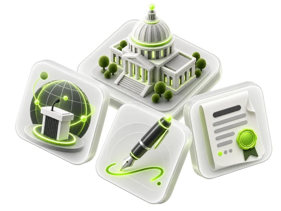 Floating 3D tiles: a domed government building, an official document with a lime seal, a podium before a globe, and a signing pen