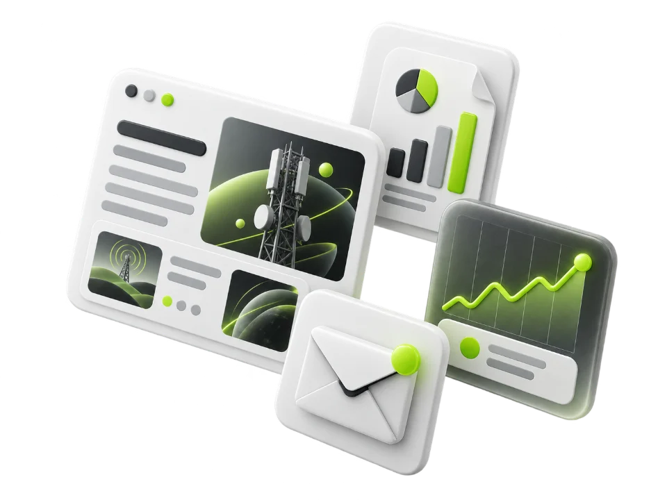 Floating 3D tiles: an editorial newsletter layout, a report with charts, a rising trend line and a subscribe envelope